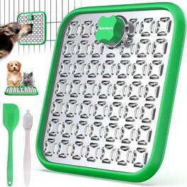 Pawtners - Stainless Steel Dog & Cat Lick Mat with Suction Cup, Brush & Spatula for Slow Feeding & Anxiety Relief - Green