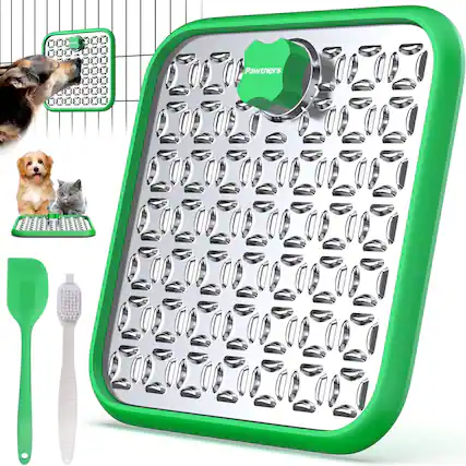 Front. Pawtners - Stainless Steel Dog & Cat Lick Mat with Suction Cup, Brush & Spatula for Slow Feeding & Anxiety Relief - Green.