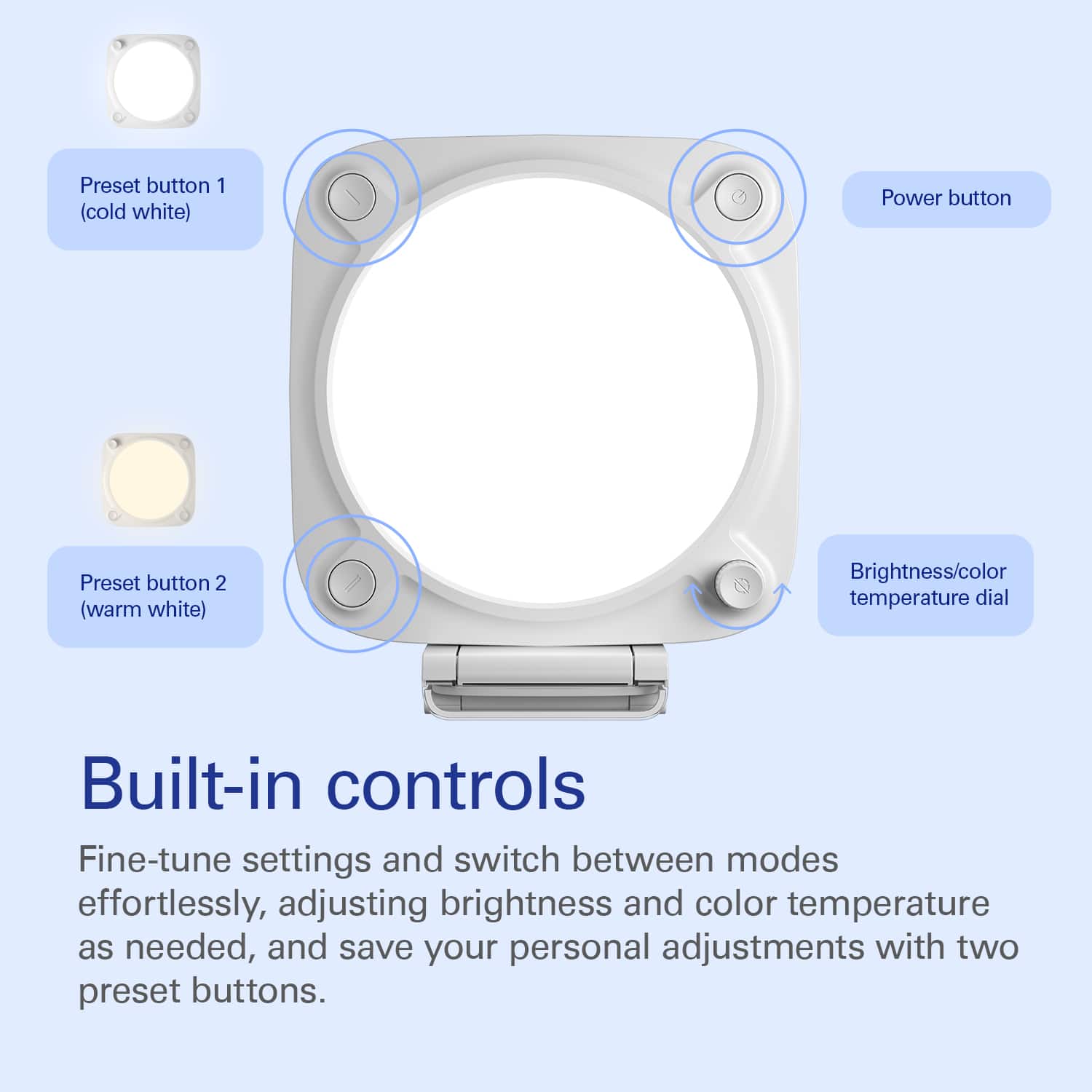 Built-in controls: Fine-tune settings and switch between modes effortlessly, adjusting brightness and color temperature as needed, and save your personal adjustments with two preset buttons.