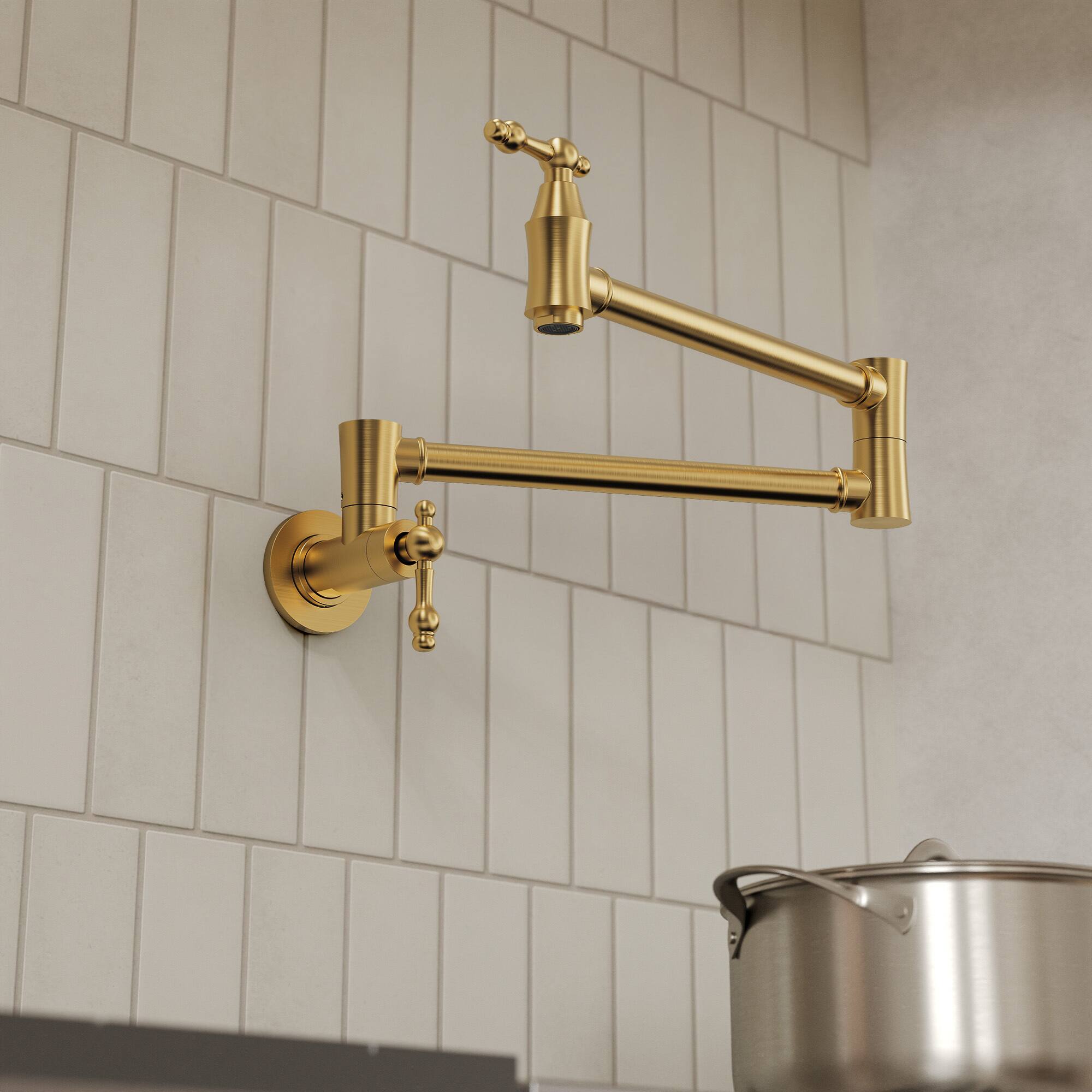 Alt View 7. GRANDJOY - Wall Mount Pot Filler Faucet Vintage Dual Handle Compact Folding Arm Solid Brass Stove Fixture - Brushed Gold.