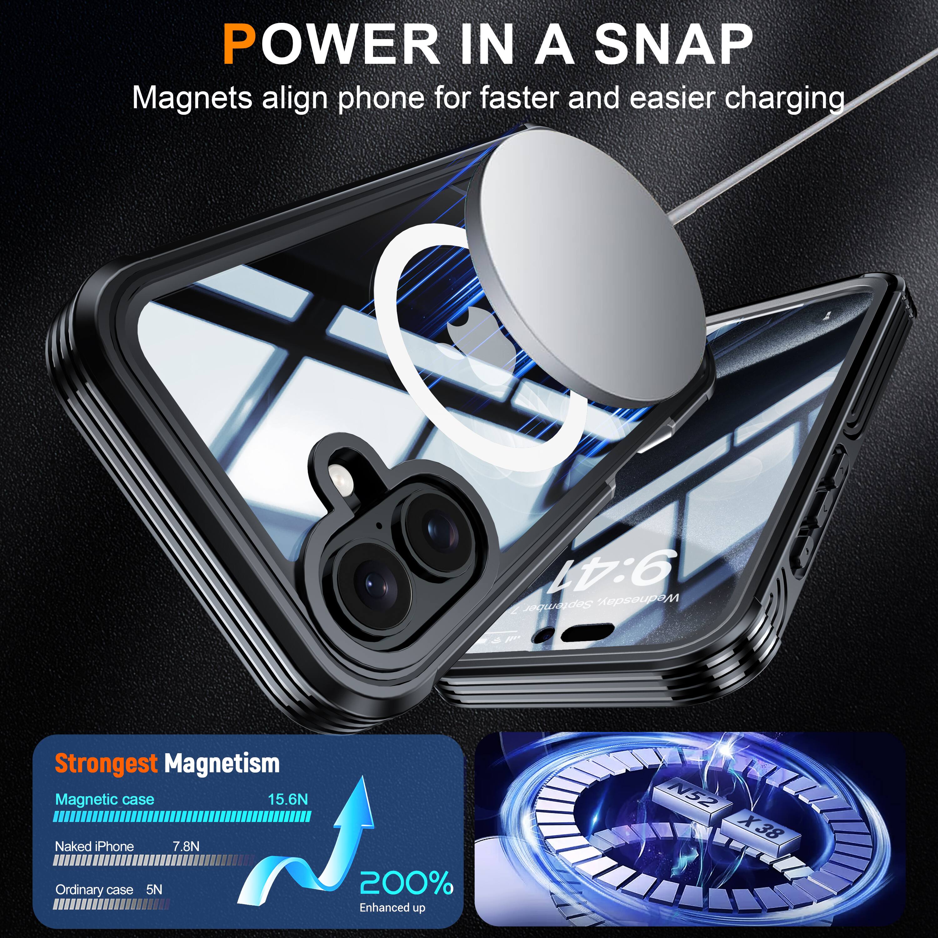 POWER IN A SNAP  
Magnets align phone for faster and easier charging  

9:41  
September  

Strongest Magnetism  
Magnetic case 15.6N  
Naked Phone 7.8N  
Ordinary case 5N  

200% Enhanced up  
N52 X38