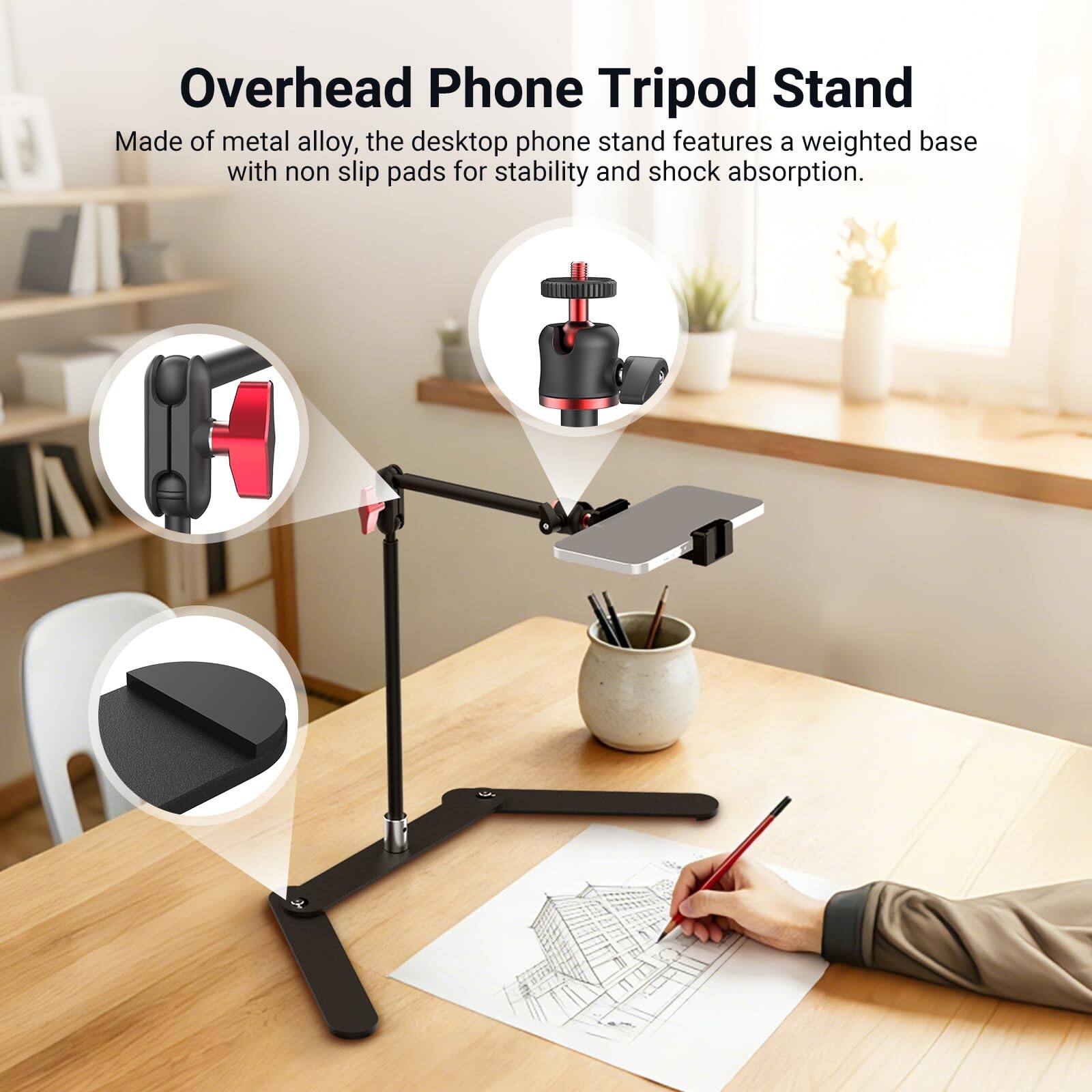 Overhead Phone Tripod Stand

Made of metal alloy, the desktop phone stand features a weighted base with non slip pads for stability and shock absorption.