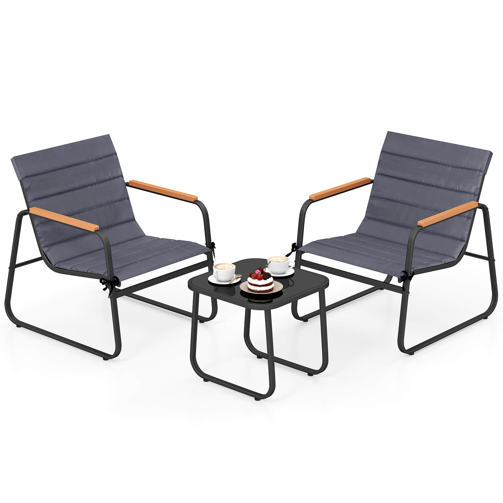 Front. Costway - Costway 3 PCS Patio Bistro Set with Cushions & Tempered Glass Coffee Table for Balcony, Lawn - Black.