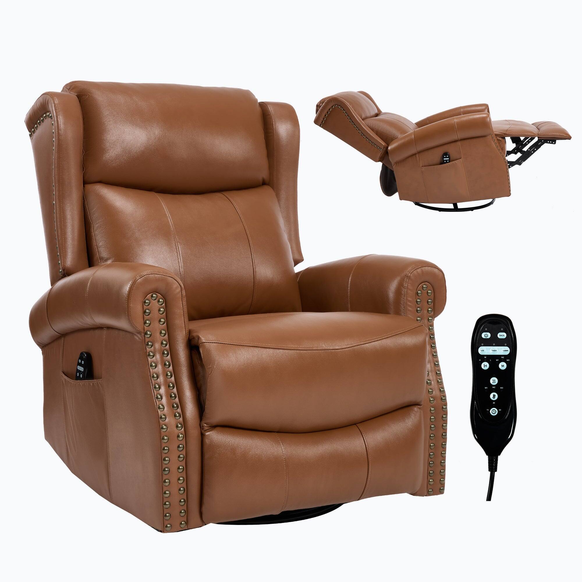 Front. Boyel Living - Dark Yellow Genuine leather Heat Massage Manual Recliner Chair with Rocker and Swivel for Living Room - Dark Yellow.