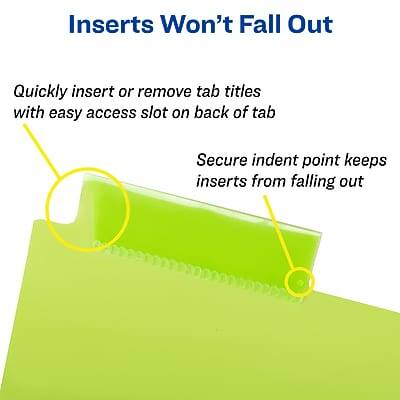 Inserts Won't Fall Out

Quickly insert or remove tab titles with easy access slot on back of tab

Secure indent point keeps inserts from falling out