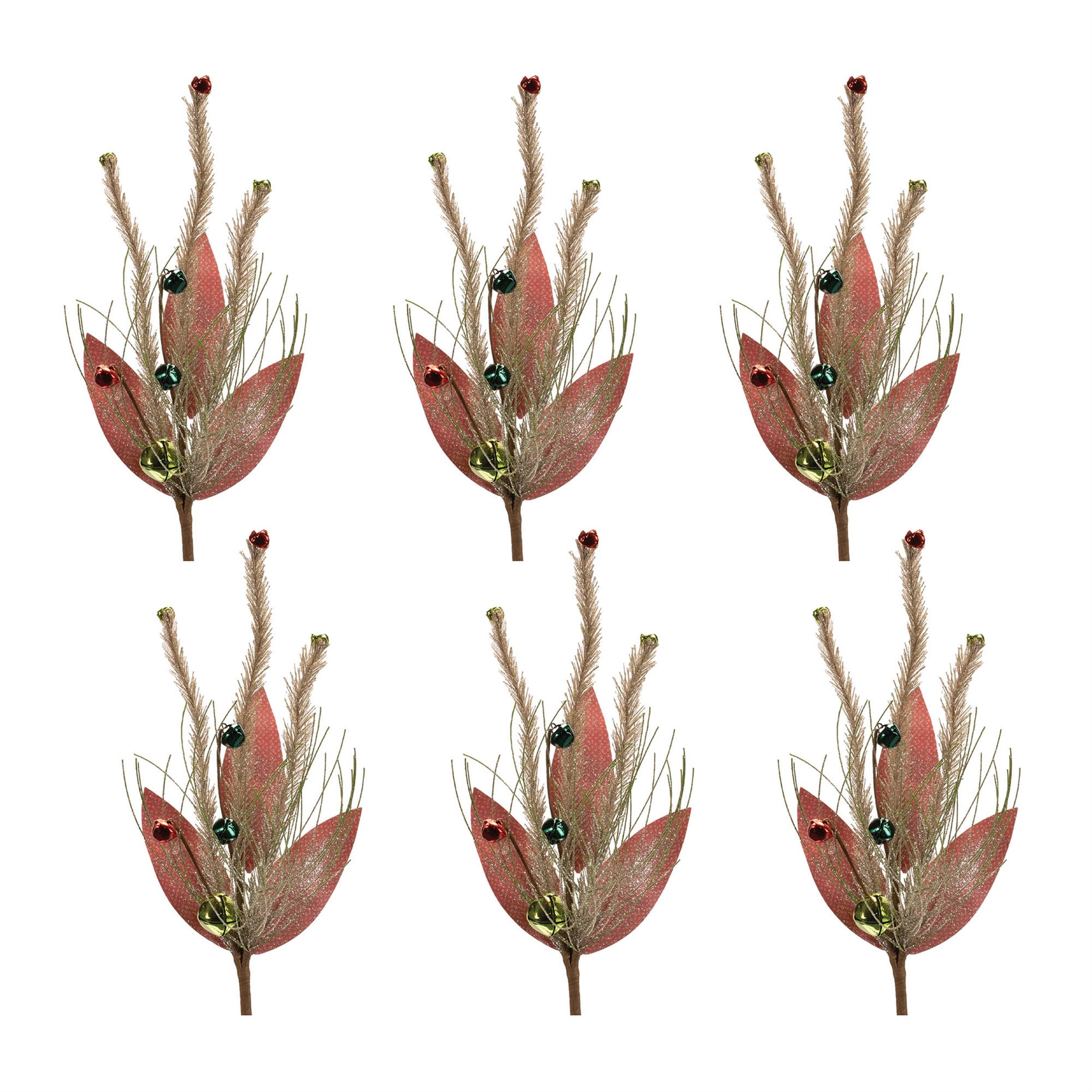 Left. BreeBe - Glittered Pine and Sleigh Bell Spray (Set of 6) - Red, Green.