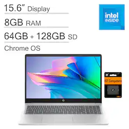 HP - Chromebook Laptop - 15.6'' HD - Intel Processor N200 2023 - 8GB Memory - 64GB + 128GB SD Card - Natural Silver