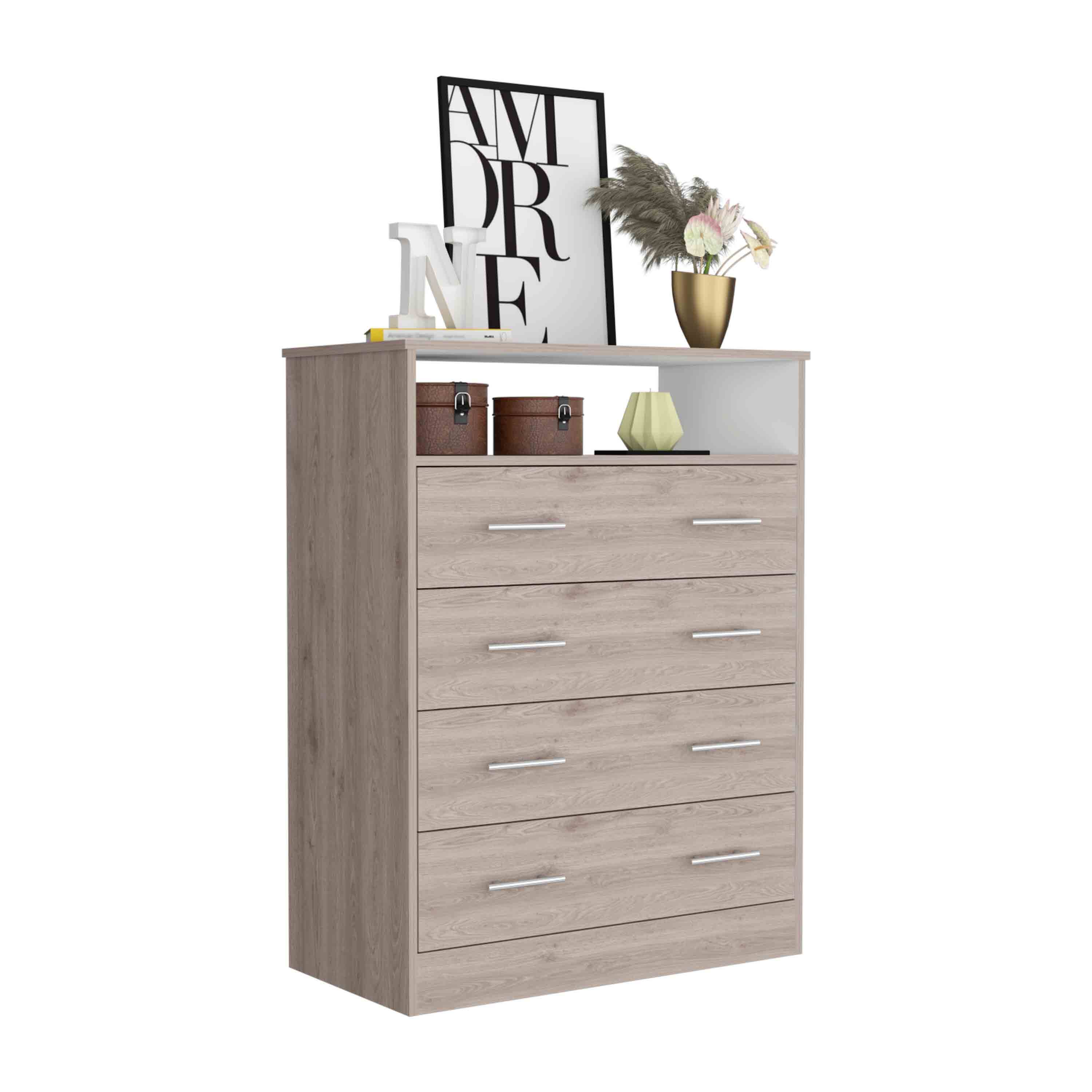 Left. TinyHomie - Four Drawer Dresser Superior Top One Open Shelf Light Gray / White - Multicolor.