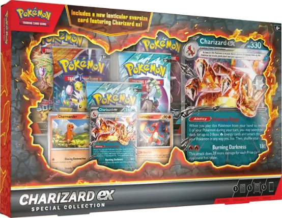Pokemon includes a new lenticular card oversize trading card game featuring Charizard ex! 140 ZMON Charizard Pokemon Evoives from HP 330 Charmeleon TRA geol Tera chis Poklman TH Bonch prorenc Poklman be atlacks damage done Ehis 6+ botk peers your ME apponenc's 6+ POKeMON PoKeMON TRAD AB GAME TRANING C ME 6+ ARLET POKeMoN SUR Charizard ex 330 - - - - RIF Charmander - Charmeleon .90 Ability Infernal Reign When you play this Pokemon from your hand to evolve one of your Pokemon during your turn, you may search your deck for up to 3 Basic Energy cards and attach them to your Pokemon in any way you like. Then, shuffle your deck. Ability Burning Darkness When you play this Pokemon to your hand from your deck during your turn, you may discard a card from your hand. Then, shuffle your deck.