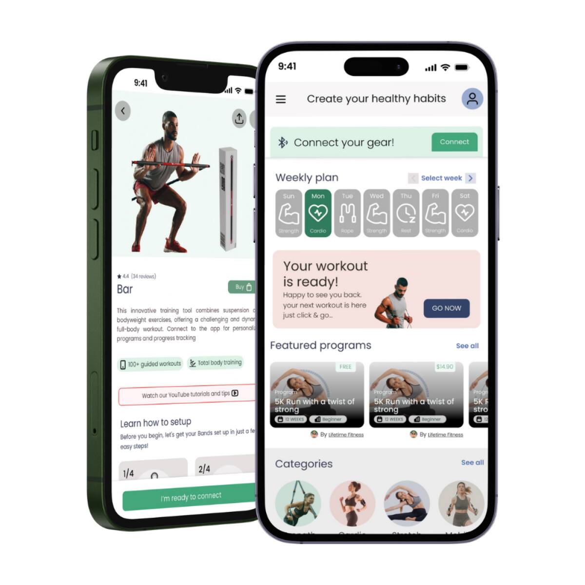 Sure, here is the corrected and grouped text from the image:

---

**Create your healthy habits**

**Connect your gear!**  
[Connect button]

**Weekly plan**  
[Select week dropdown]  
Sun Mon Tue Wed Thu Fri Sat  
[Icons for each day: Strength, Cardio, Rope, Strength, Rest, Strength, Cardio]

**Your workout is ready!**  
Happy to see you back. Your next workout is here. Just click & go...  
[GO NOW button]

**Featured programs**  
[Image of a person doing a workout]  
This innovative training tool combines suspension bodyweight exercises, offering a challenging and dynamic full-body workout. Connect to the app for personalized programs and progress tracking.  
[100+ guided workouts] [Total body training]  
[Watch our YouTube tutorials and tips]  
[Learn how to setup]  
Before you begin, let's get your Bands set up in just a few easy steps!  
[1/4] [2/4]  
[I'm ready to connect]

**Categories**  
[Icons for different workout categories]

**Featured programs**  
[Image of a person doing a workout]  
5K Run with a twist of strong  
[Beginner] [5K Run