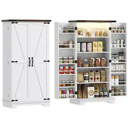 Homcom - 47" LED Kitchen Pantry Cabinet, Farmhouse Storage Cabinet with 5 Deep Shelves and 12 Door Shelves, Food Pantry - White