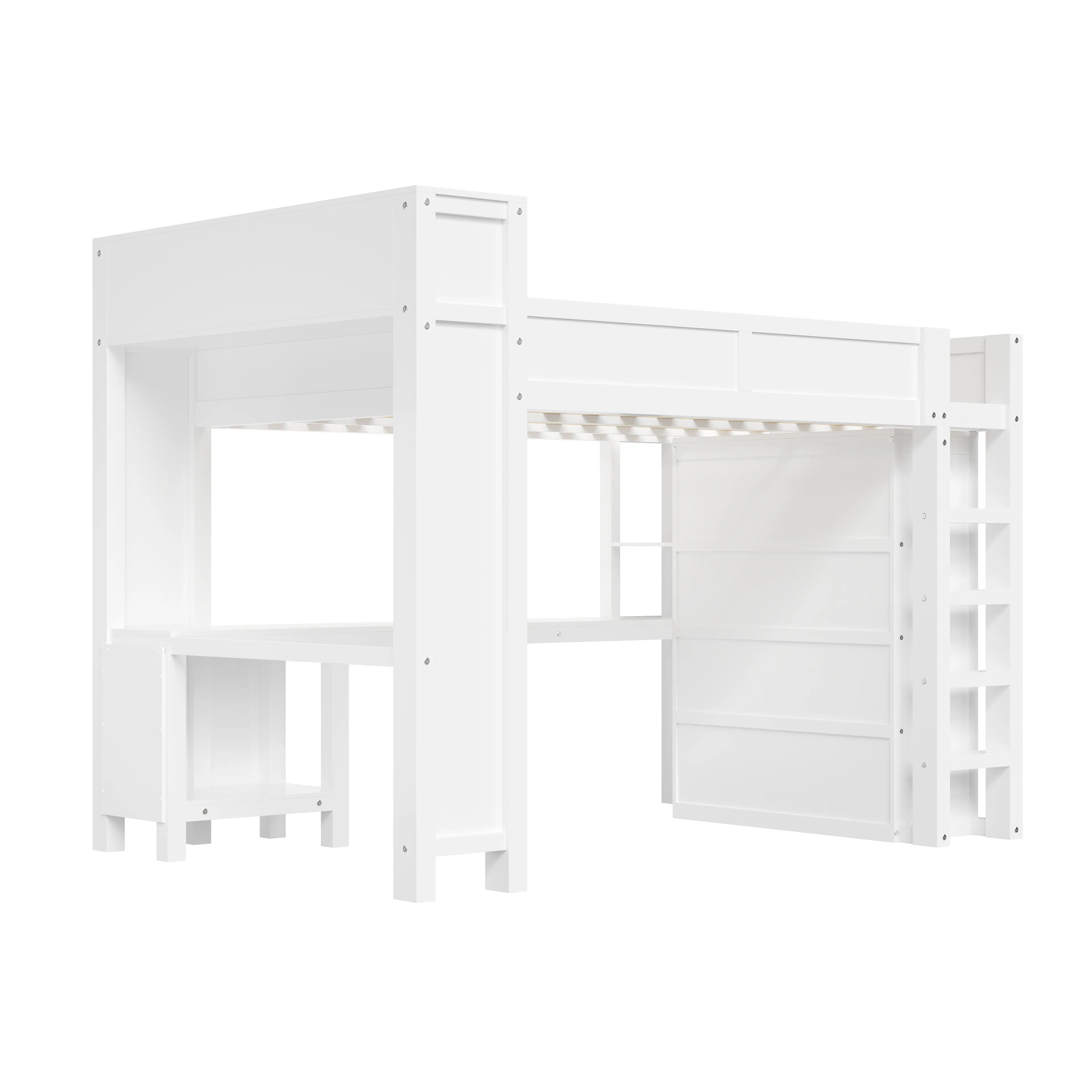 Alt View 1. Whisen - Queen Loft Bed with Wardrobe, Desk, and Headboard Storage, Wooden Bed Frame with USB Port and Shelving - White.