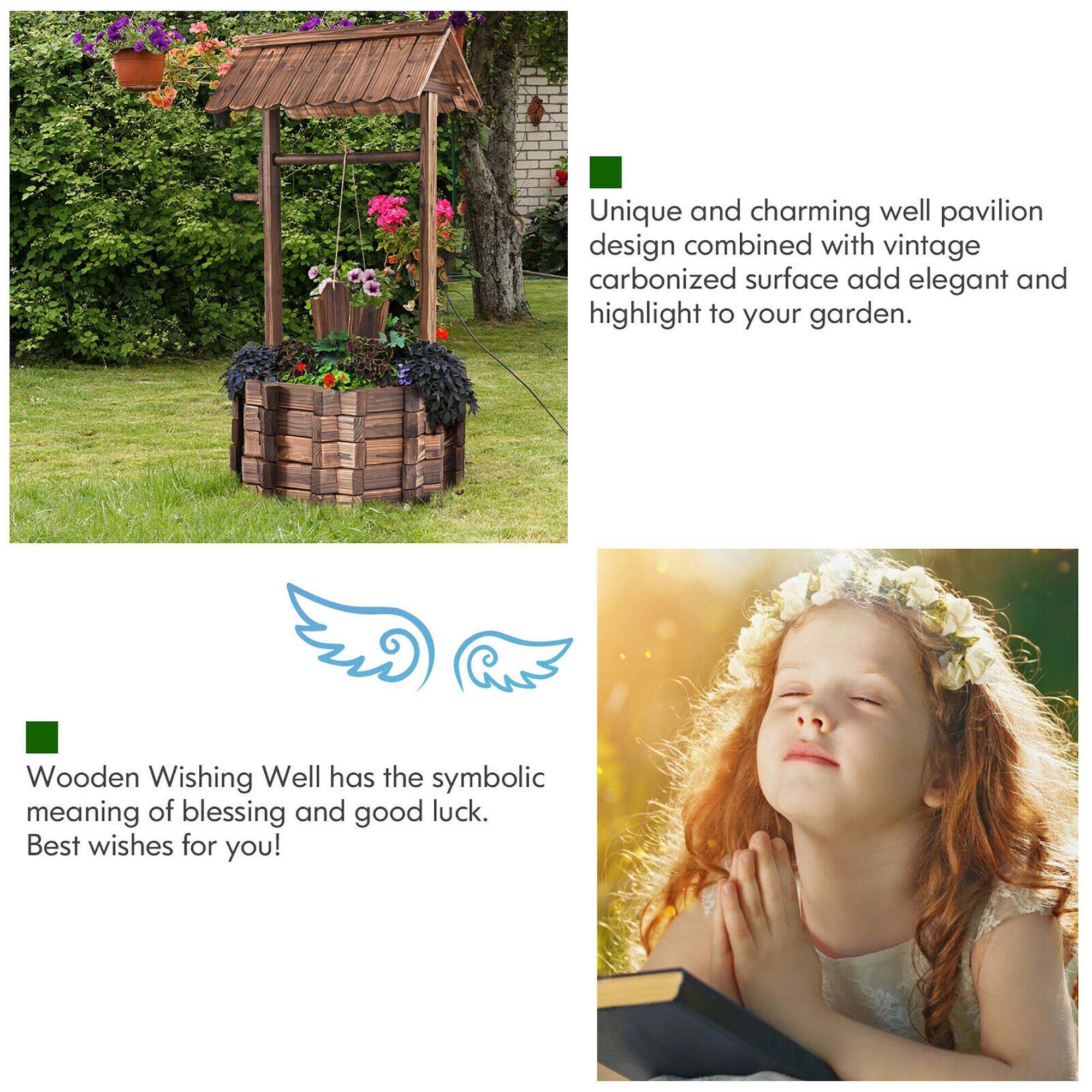 Unique and charming well pavilion design combined with vintage carbonized surface add elegant and highlight to your garden. Wooden Wishing Well has the symbolic meaning of blessing and good luck. Best wishes for you!