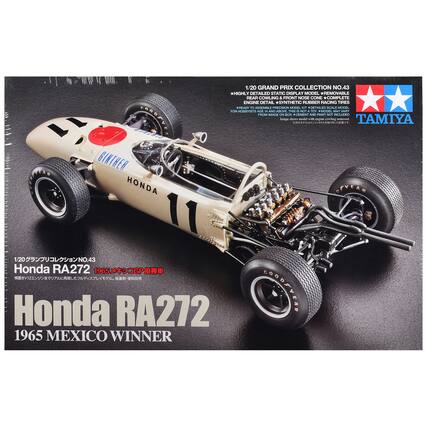 1/20 GRAND PRIX COLLECTION NO.43
*HIGHLY DETAILED STATIC DISPLAY MODEL
*REMOVABLE REAR COWLING & FRONT NOSE CONE
*COMPLETE ENGINE DETAIL
*SYNTHETIC RUBBER RACING TIRES
READY TO ASSEMBLE PRECISION MODEL KIT
*DETAILED SCALE MODEL FOR HOBBYISTS AGE 14 AND ABOVE
THIS IS NOT A TOY
*MODEL MAY VARY FROM IMAGE ON BOX
CEMENT AND PAINT NOT INCLUDED
TAMIYA
DINTHER GINTHER DISCUENTS
HONDA PAYEAR
1/20 NO.43
Honda RA272
1965 GP V12
Honda RA272
1965 MEXICO WINNER