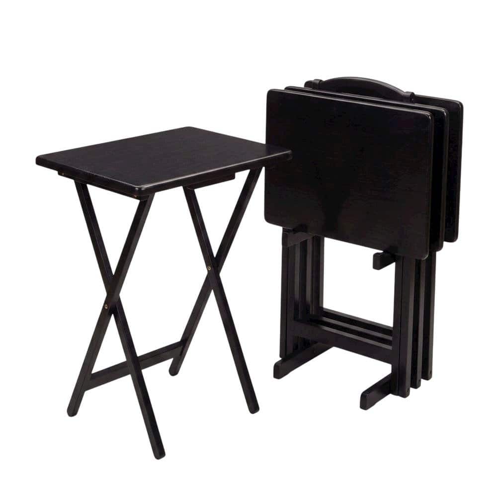 FurniFact - Solid Wood TV Trays Set Of 4 With Storage Rack Finish - Black