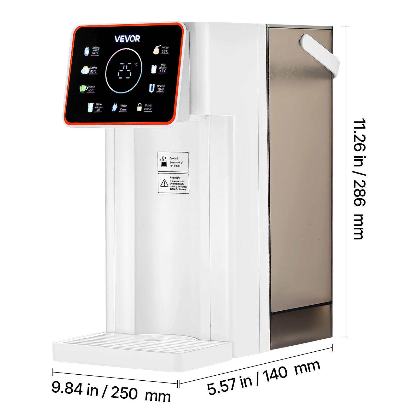 Boiling 100°C Coffee B5C mon 65°C Value dute K

VEVOR Honey 55°C (infusion 45°C Horeal TMP lot Vidio Ceuse Unlack Coution 50 and is water Affention! n rema ITV vor to . creatry 0% Fiberal betar 5g faces

11.26 in / 286 mm
9.84 in / 250 mm
5.57 in / 140 mm