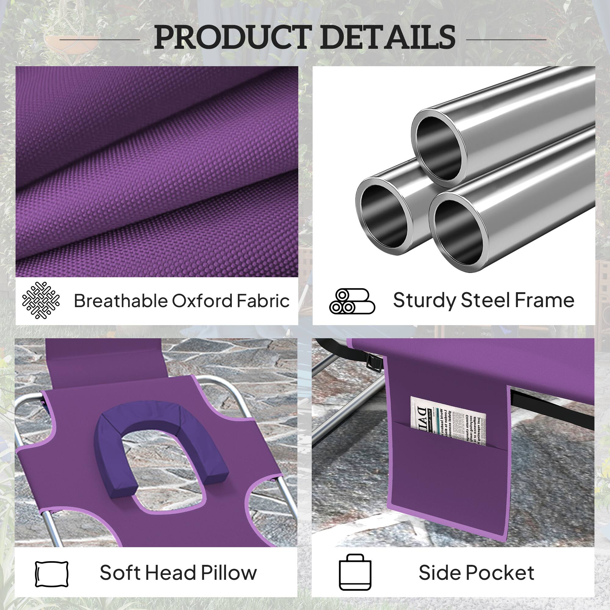 PRODUCT DETAILS

- Breathable Oxford Fabric
- Sturdy Steel Frame
- Soft Head Pillow
- Side Pocket