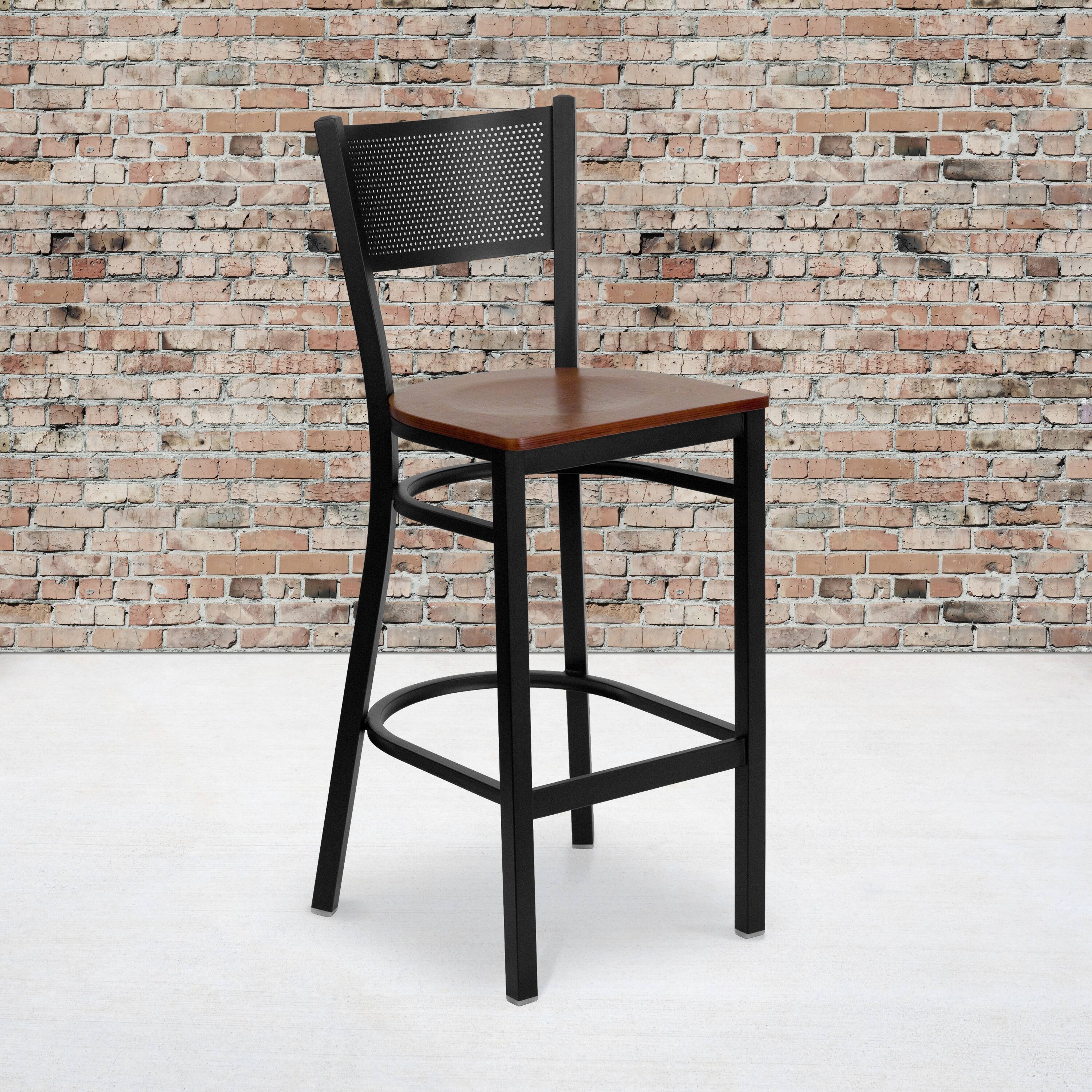 Angle. Flash Furniture - HERCULES Series Black Grid Back Metal Restaurant Barstool - Cherry Wood Seat - Red.