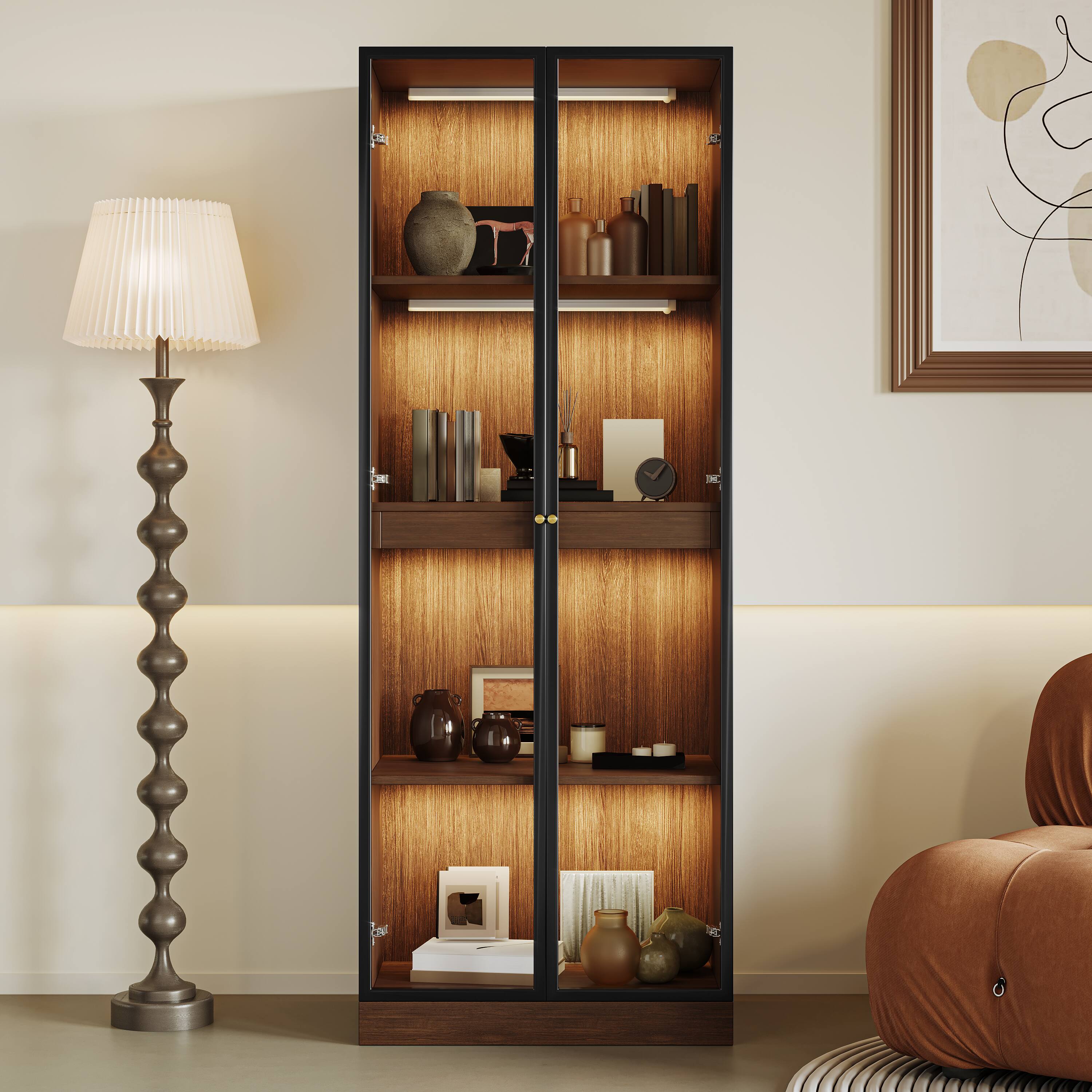 Alt View 2. MSOOB - 23.6" Glass Display China Cabinet With Pull-Out Bar Shelf, Dining Cabinet With Glass Doors and Wireless LED Light - brown.