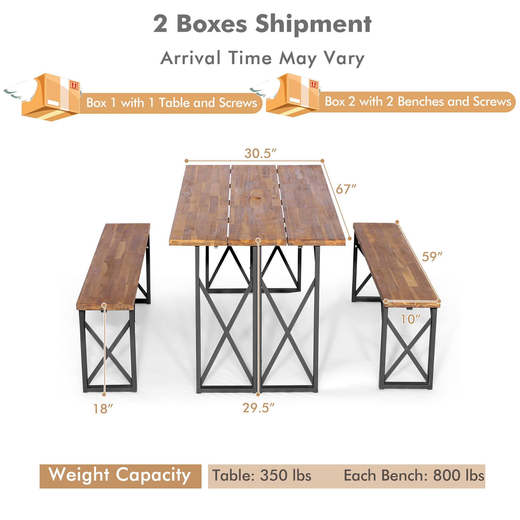2 Boxes Shipment
Arrival Time May Vary
Box 1 with 1 Table and Screws
Box 2 with 2 Benches and Screws
30.5"
67"
59"
10"
18"
29.5"
Weight Capacity
Table: 350 lbs
Each Bench: 800 lbs