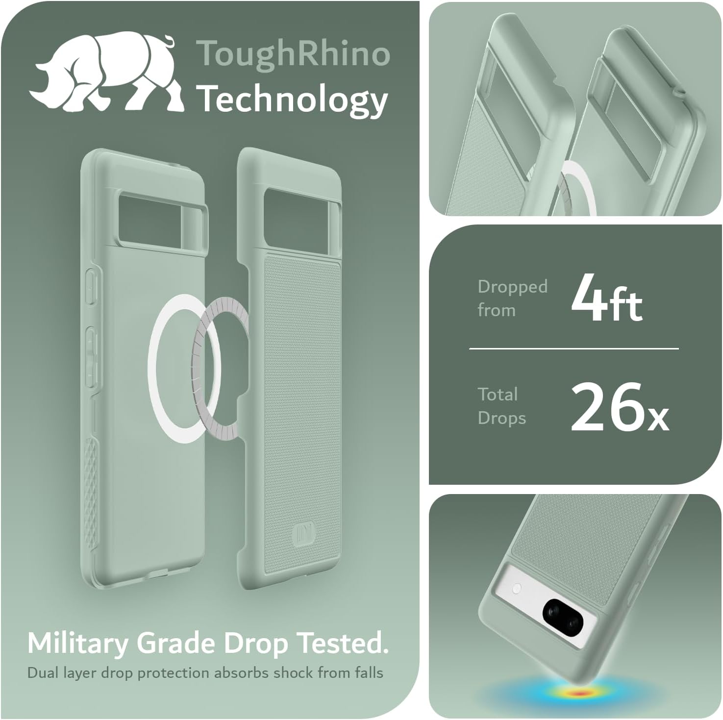 ToughRhino Technology

Dropped from 4ft  
Total Drops 26x

Military Grade Drop Tested.  
Dual layer drop protection absorbs shock from falls