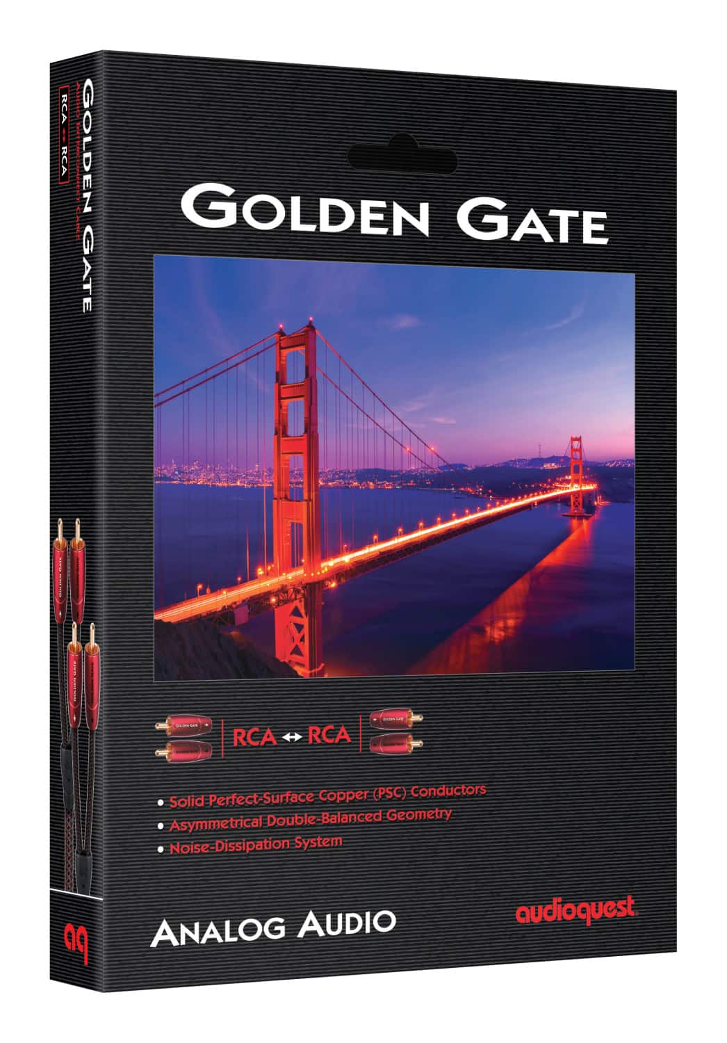 The text on the image reads: "Golden Gate RCA RCA-RCA I KCA | ! GOLDEN GATE GOLDEN GATE | I - | RCA RCA M - Copper (PSC) Conductors Solid Perfect-Surface cal Double-Balance Geometry I Asymmetrical | Noise-Dissipation System I ANALOG AUDIO audioquest a9."