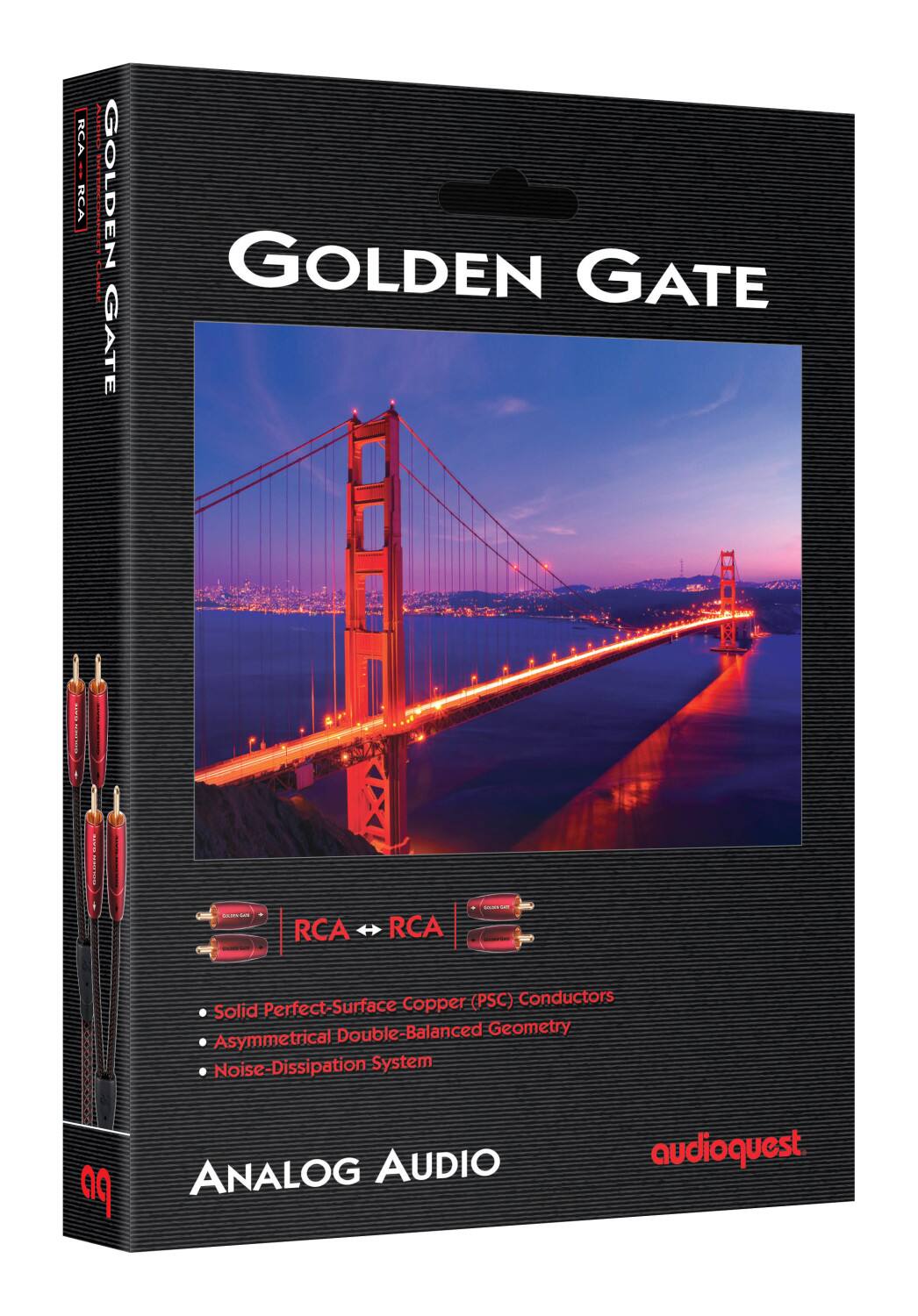 The text on the image reads: "Golden Gate RCA RCA-RCA I KCA | ! GOLDEN GATE GOLDEN GATE | I - | RCA RCA M - Copper (PSC) Conductors Solid Perfect-Surface cal Double-Balance Geometry I Asymmetrical | Noise-Dissipation System I ANALOG AUDIO audioquest a9."