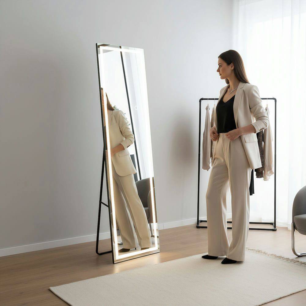 Alt View 4. Kadyn - 59x16 Inch Slim Frameless Vertical LED Wall Mirror for Contemporary Spaces - Black.