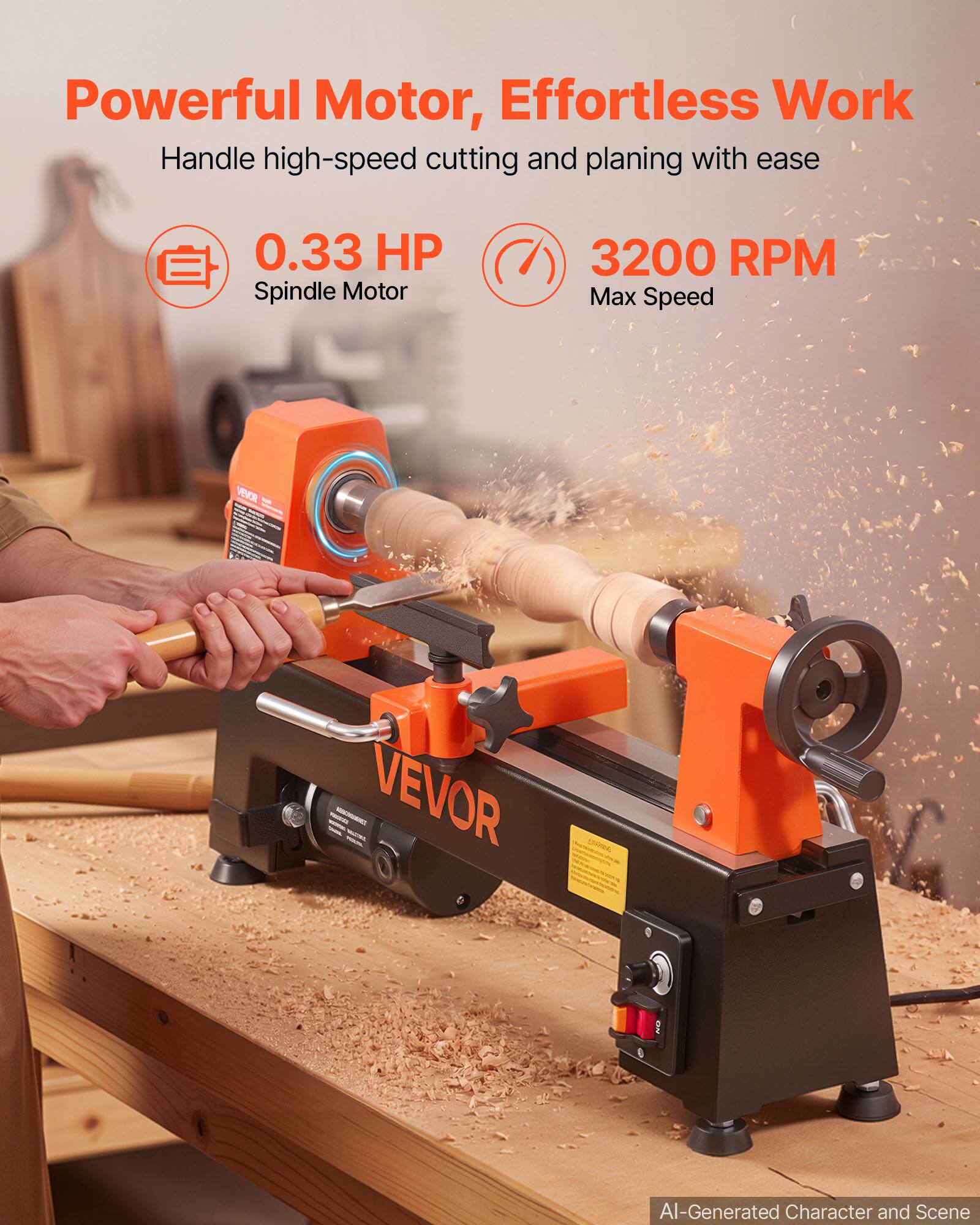 Powerful Motor, Effortless Work  
Handle high-speed cutting and planing with ease  
0.33 HP Spindle Motor  
3200 RPM Max Speed  
VEVOR  
AI-Generated Character and Scene