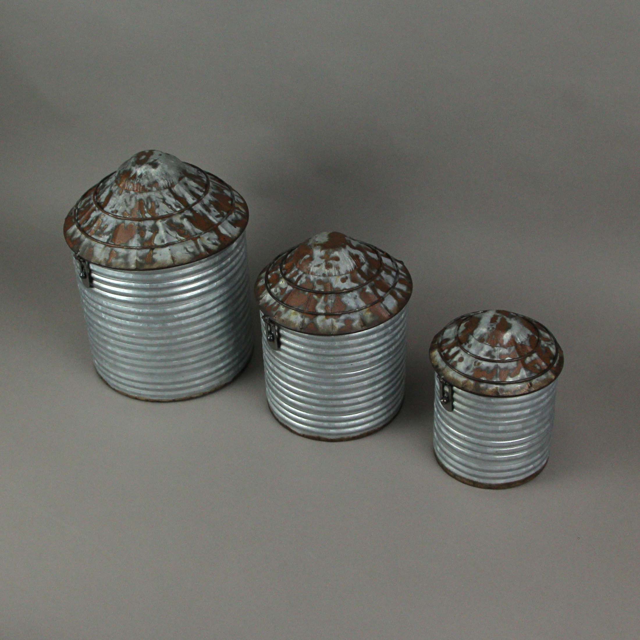 Alt View 5. Zeckos - Vintage Farmhouse Style Galvanized Zinc Finish Tin Silo Canister Set of 3 - Grey.