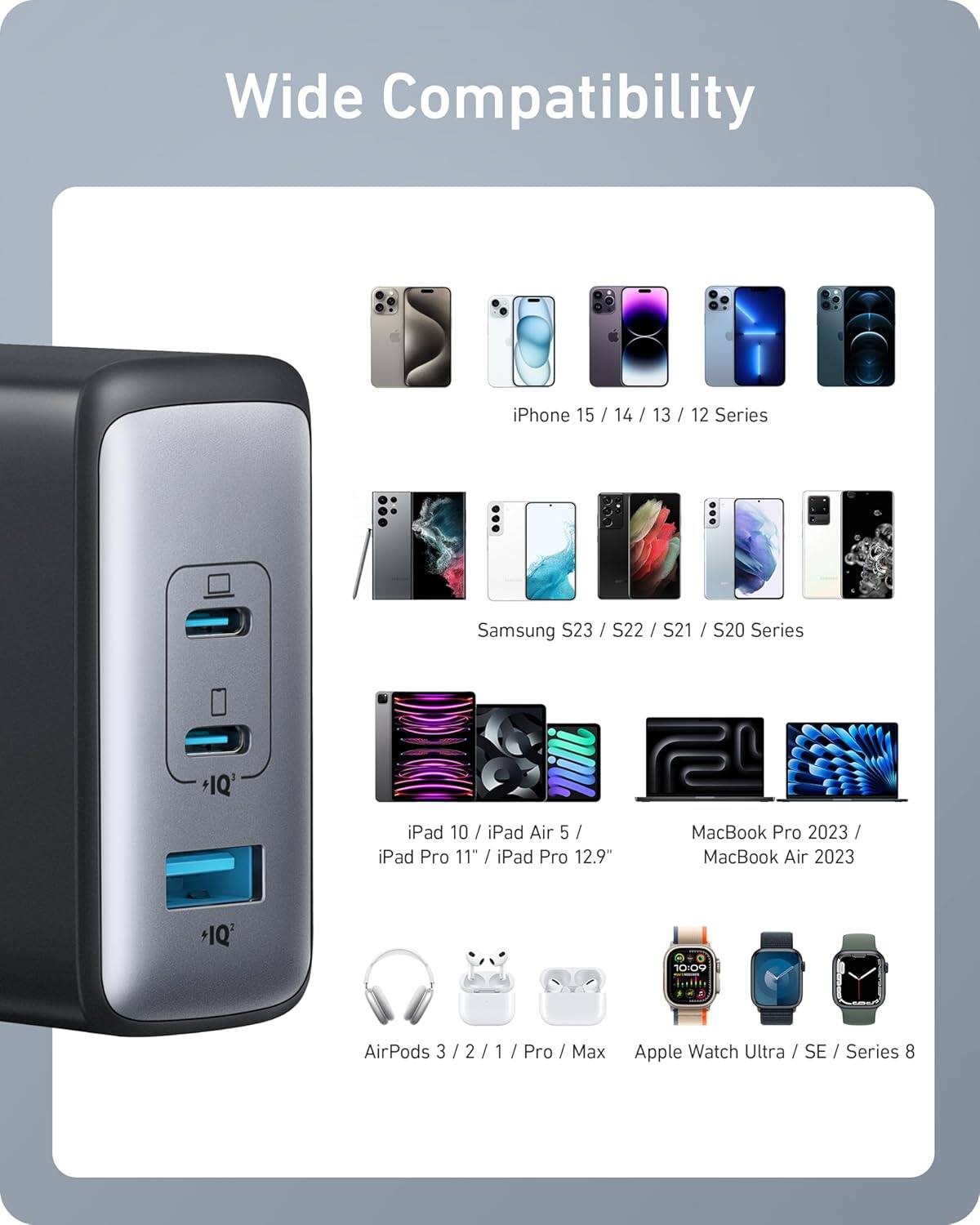 Wide Compatibility

iPhone 15 / 14 / 13 / 12 Series  
Samsung S23 / S22 / S21 / S20 Series  
iPad 10 / iPad Air 5 / iPad Pro 11" / iPad Pro 12.9"  
MacBook Pro 2023 / MacBook Air 2023  
AirPods 3 / 2 / 1 / Pro / Max  
Apple Watch Ultra / SE / Series 8