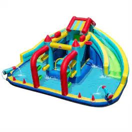 Pefilos - Inflatable Double Water Slide, Dual Basketball Hoops + Ring Toss, Obstacle Course, Indoor & Outdoor Play - Multicolor