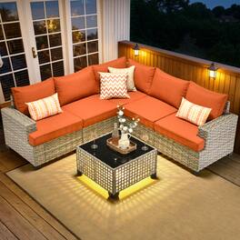 Ovios - 6 PCS Patio Sectional Furniture, Rattan Wicker Conversation Couch Set with Coffee Table - Orange Red