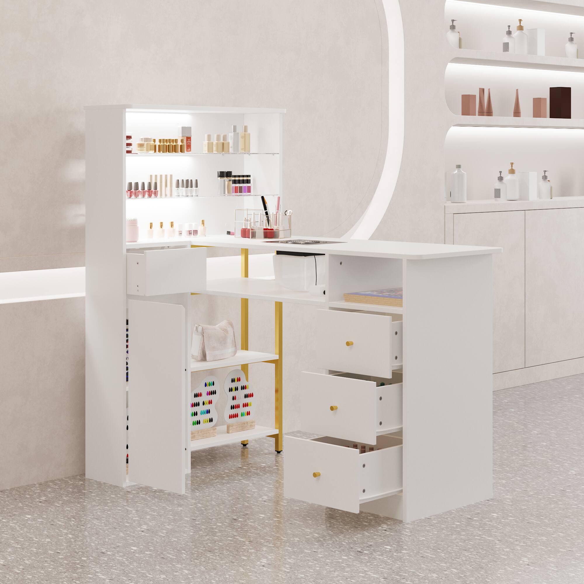 Alt View 7. Famapy - Luxury Nail Desk and Makeup Vanity with Storage Drawers Dust Collector Ergonomic Beauty Workstation Table - White.