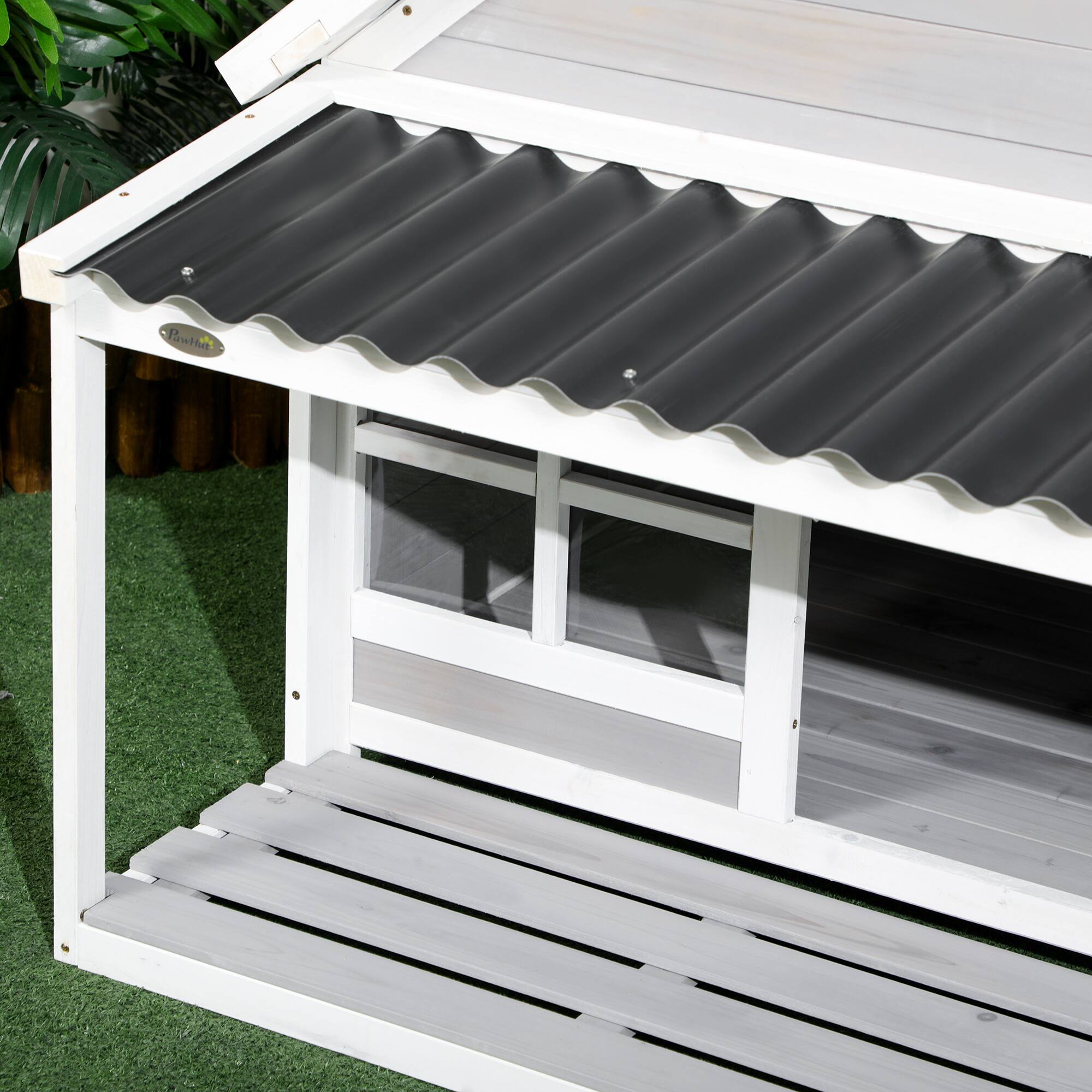 Alt View 8. Pawhut - Dog House with Porch, Dog House Outdoor with Tilt Roof, Front Door - Light Gray.