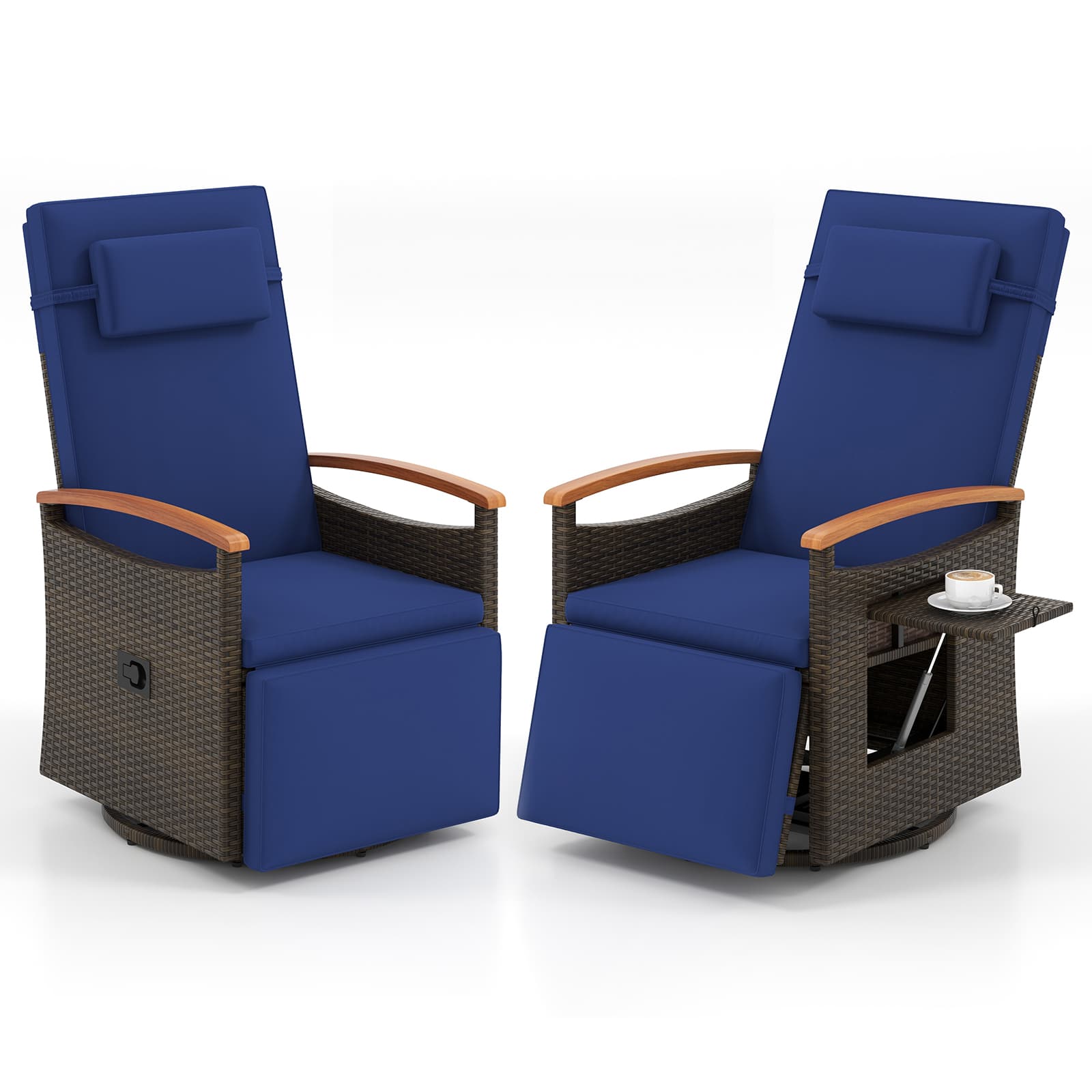 Gymax - 2PCS Outdoor 360° Swivel Rattan Recliner Chair Patio Wicker Chaise Lounge Chair - Navy