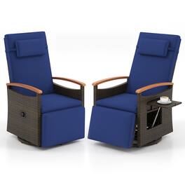 Gymax - 2PCS Outdoor 360° Swivel Rattan Recliner Chair Patio Wicker Chaise Lounge Chair - Navy