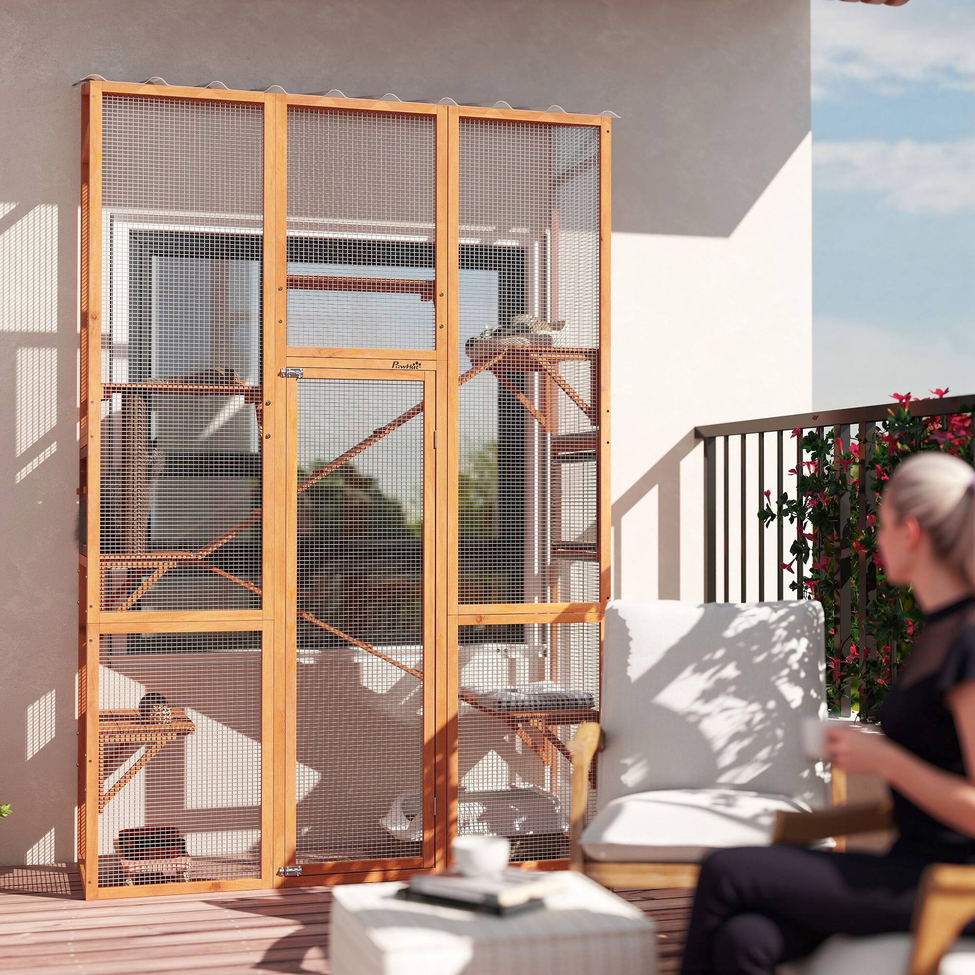 Alt View 5. Pawhut - Outdoor Catio Cat Enclosure, Large Wooden Cat House with 6 Jumping Platforms, Scratching Post, 2 Ramps, Waterproof Roof.