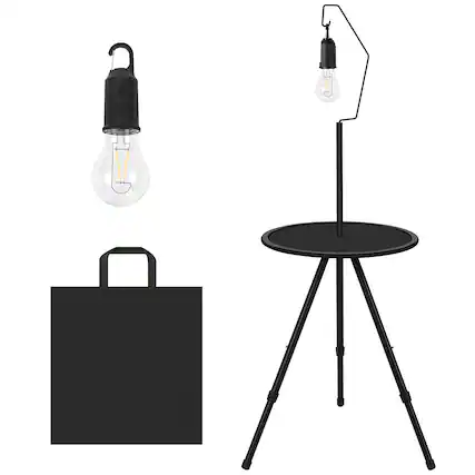Front. Oumilen - Adjustable Tripod Side Table with Solar Light 21.65In Height Black Metal Outdoor Table with LED Bulb & Carry Bag.