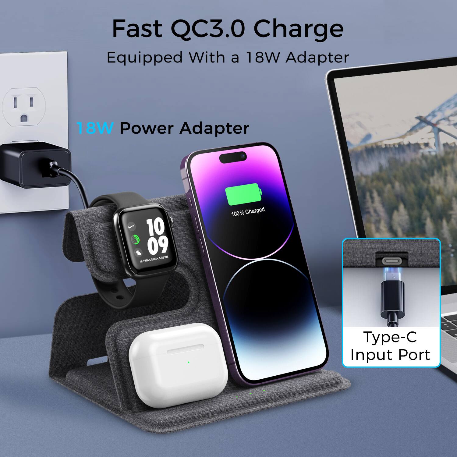 Fast QC3.0 Charge, Equipped With a 18W Adapter, 18W Power Adapter, Type-C Input Port