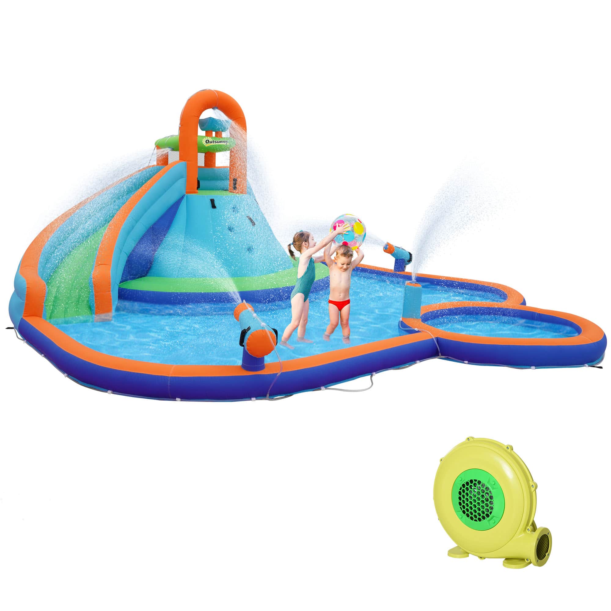 Outsunny - Kids Inflatable Water Slide 4-in-1 Bounce House Water Park Jumping Castle with Water Pool, Slide, 2 Water Cannons