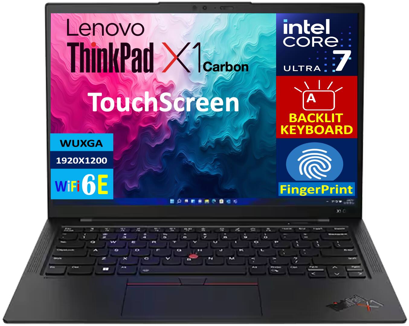 Lenovo ThinkPad X1 Carbon  
TouchScreen  
WUXGA 1920x1200  
Intel Core 7 Ultra  
Backlit Keyboard  
WiFi 6E  
Fingerprint
