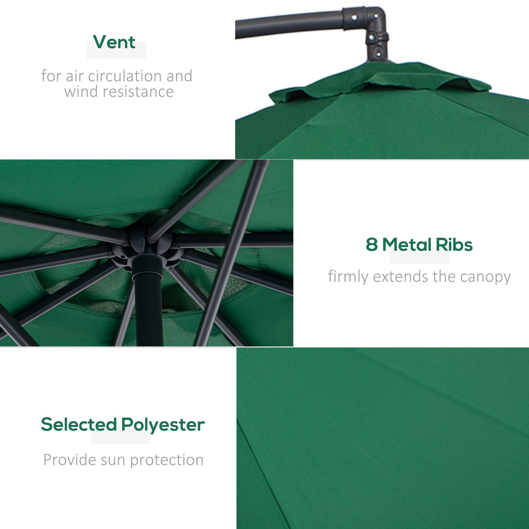 Vent  
for air circulation and wind resistance  

8 Metal Ribs  
firmly extends the canopy  

Selected Polyester  
Provide sun protection