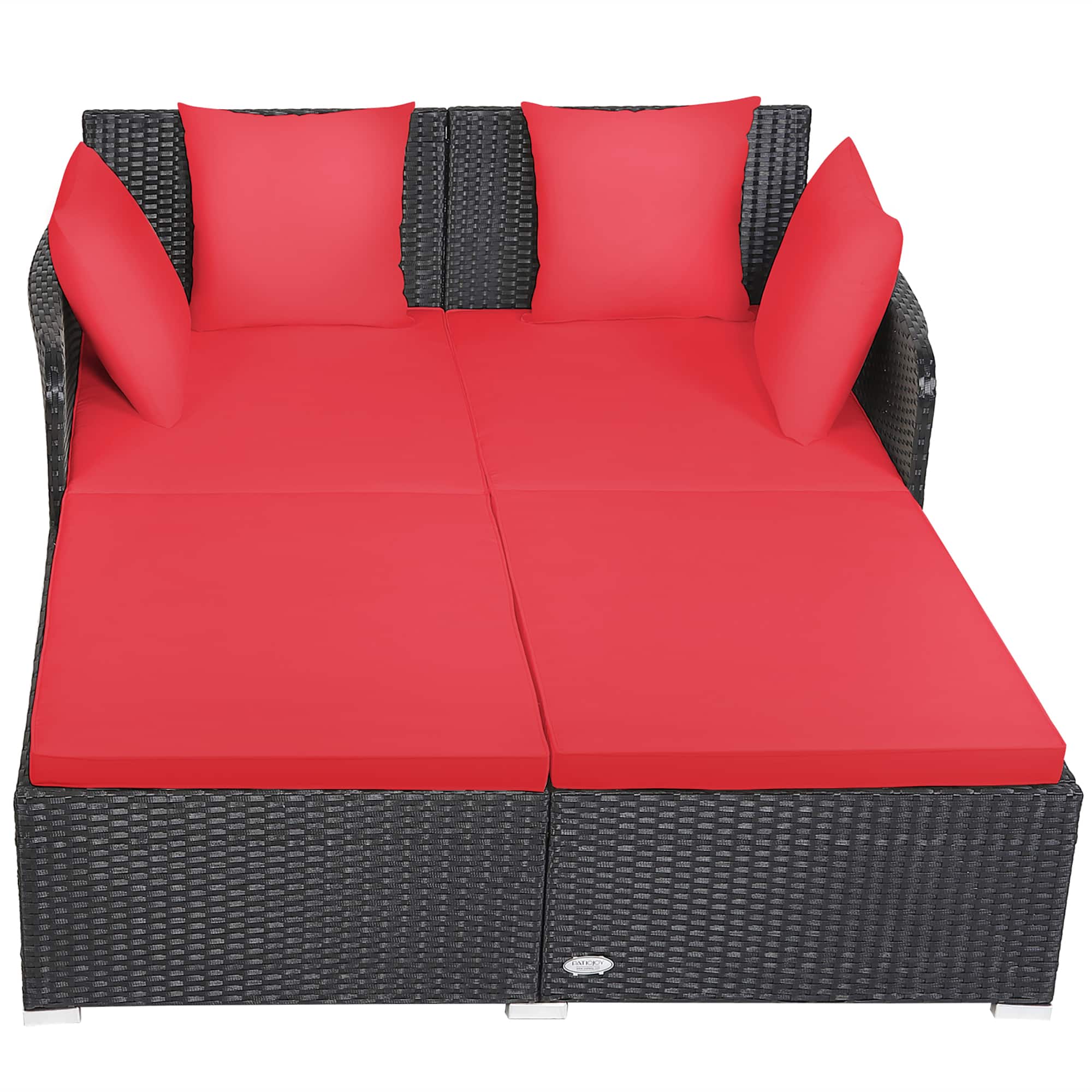 Front. Costway - Outdoor Patio Rattan Daybed Pillows Cushioned Sofa Furniture - Red.