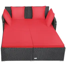 Costway - Outdoor Patio Rattan Daybed Pillows Cushioned Sofa Furniture - Red
