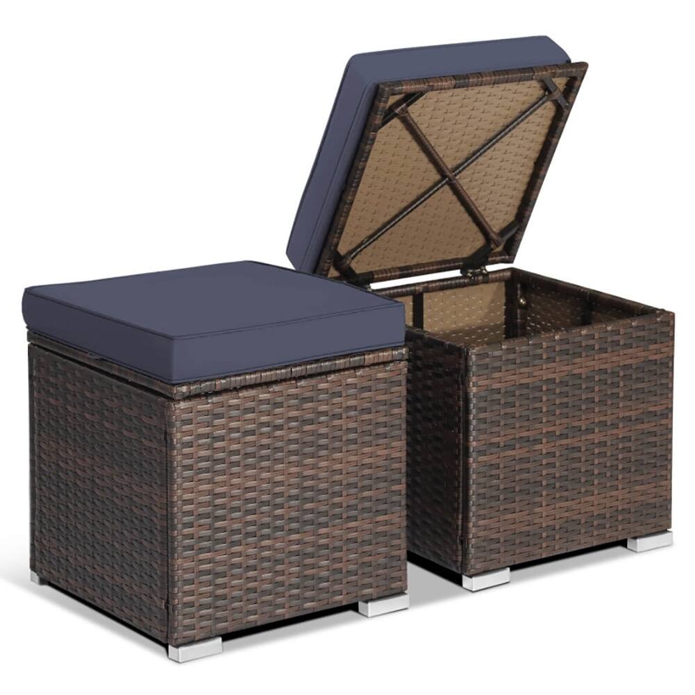Angle. Kadyn - 2 Pieces Patio Ottoman with Removable Cushions-Navy, All Weather Wicker Ottoman, Outdoor Patio Ottomans - Blue.