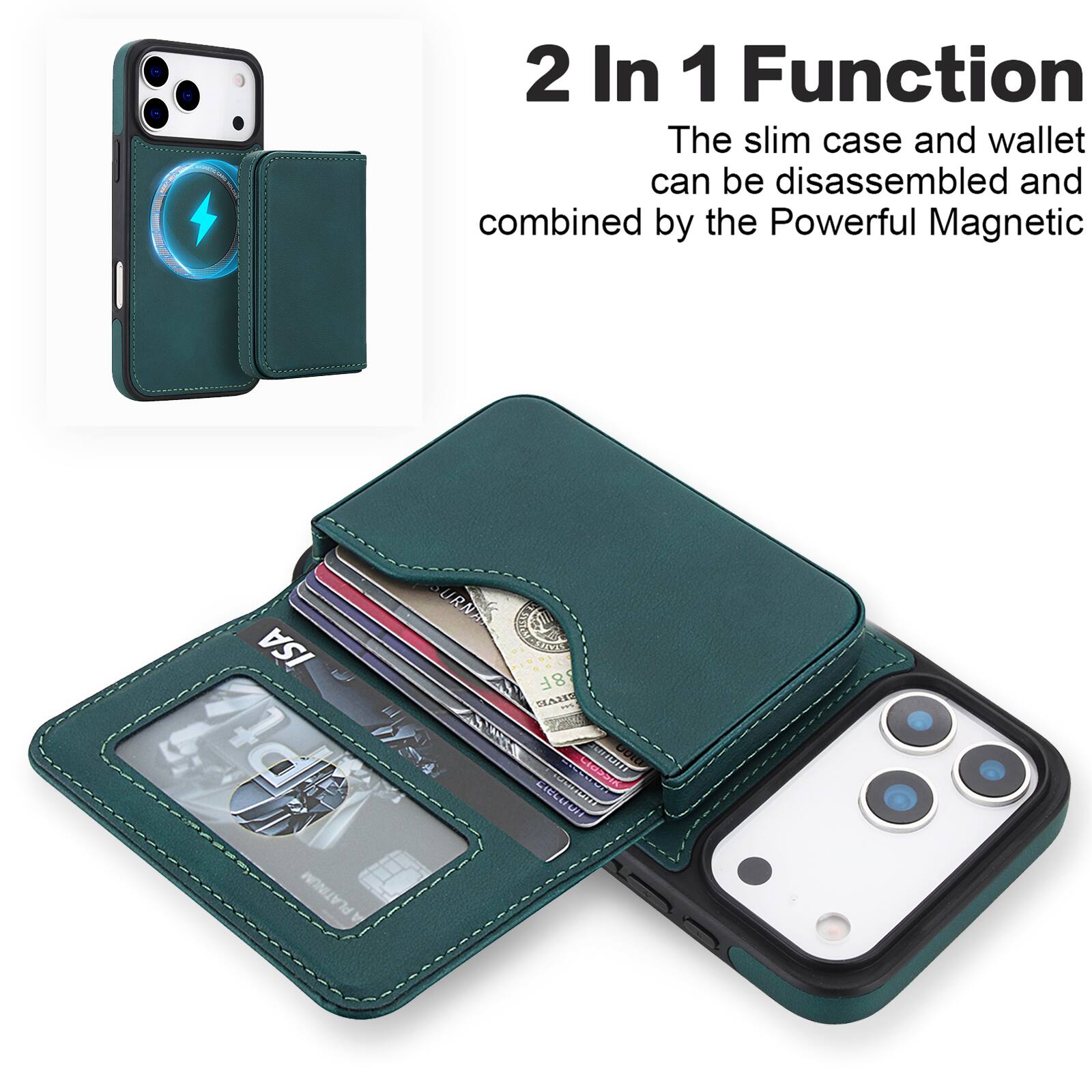 2 In 1 Function  
The slim case and wallet can be disassembled and combined by the Powerful Magnetic