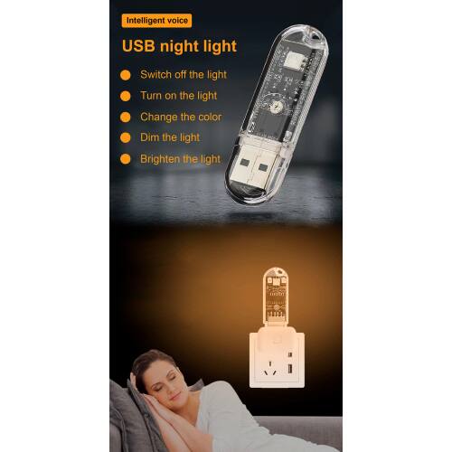 Intelligent voice USB night light

- Switch off the light
- Turn on the light
- Change the color
- Dim the light
- Brighten the light