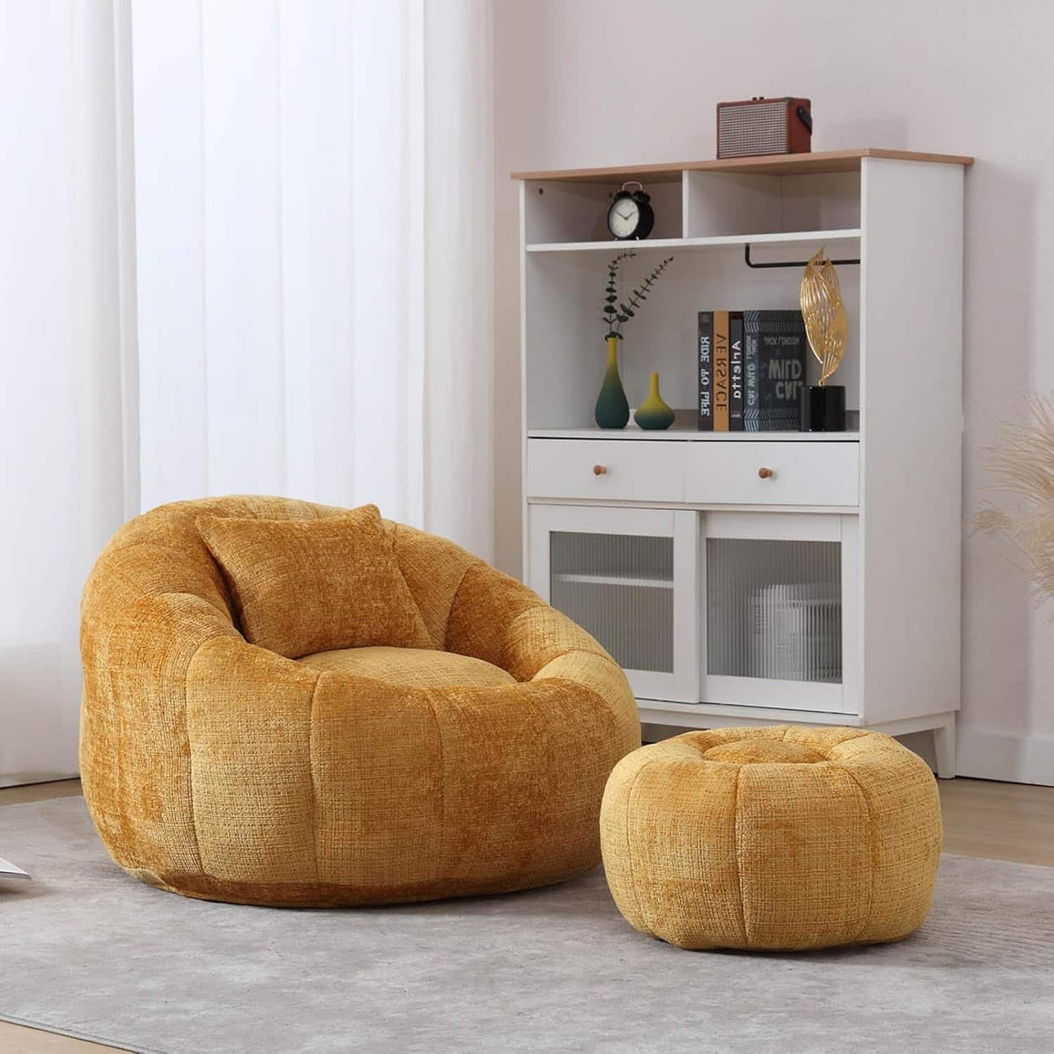 Trinkets Crazed - Pumpkin Bean Bag Chair - Comfy Accent Reading Chair with Ottoman & Pillow, Round Chair for Adults - Yellow