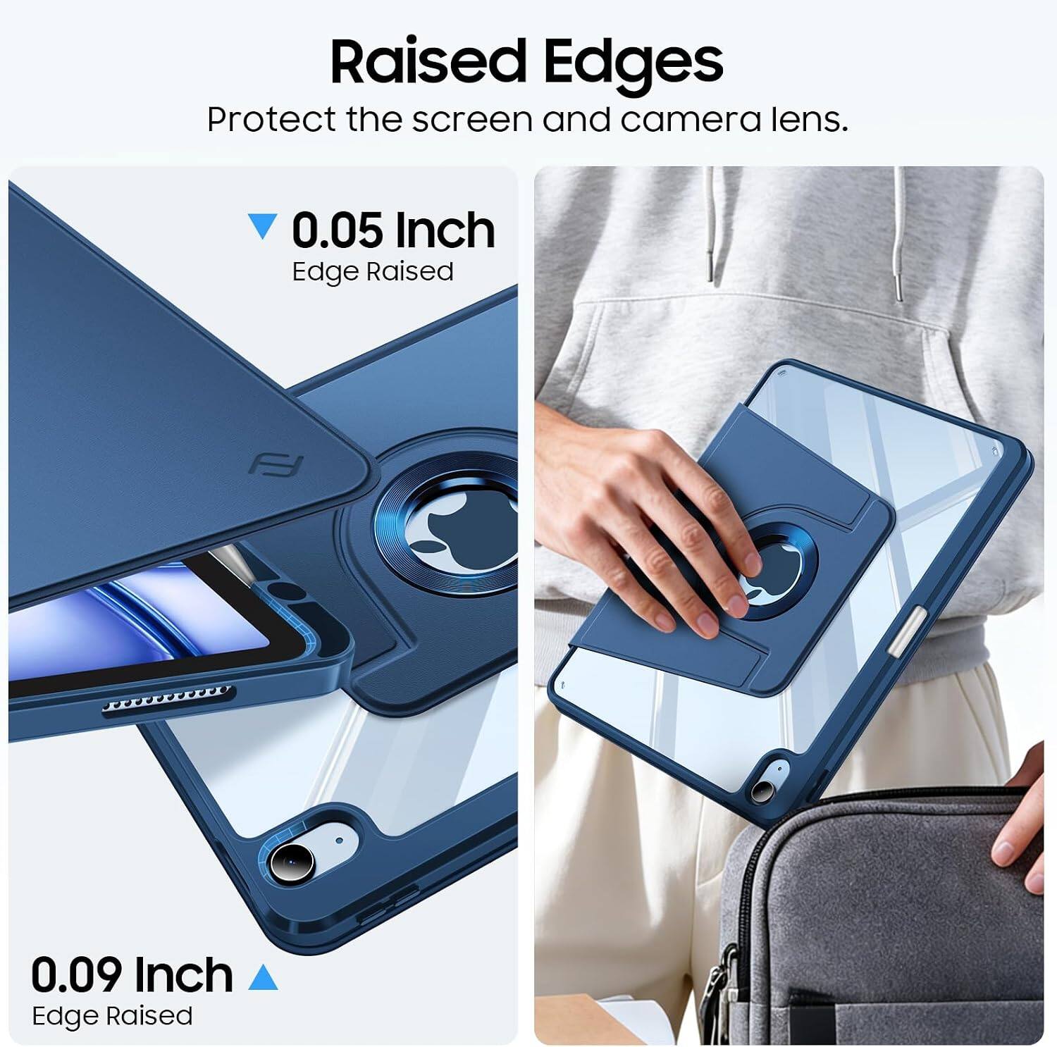 Raised Edges Protect the screen and camera lens.

0.05 Inch Edge Raised

0.09 Inch Edge Raised